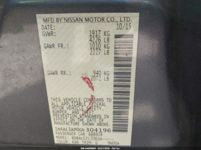2016 Nissan Altima 2.5/2.5 S/2.5 Sl/2.5 Sr/2.5 Sv მანქანა იყიდება აუქციონზე, vin: 1N4AL3AP0GN304196, აუქციონის ნომერი: 44895994