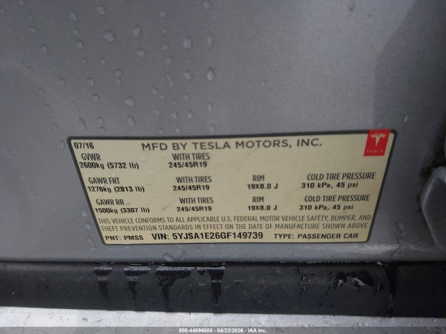 Tesla MODEL S 2016 5YJSA1E26GF149739 Image 9