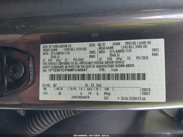 44896005 :رقم المزاد ، 1FTEW1CP9MFC40847 vin ، 2021 Ford F-150 Xl مزاد بيع