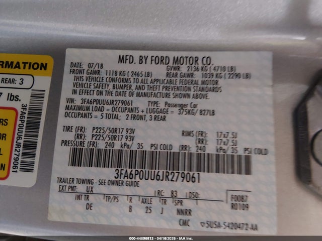 3FA6P0UU6JR279061 Ford Fusion Hybrid S