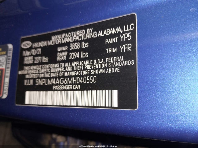 Продажа на аукционе авто 2021 Hyundai Elantra Sel, vin: 5NPLM4AG6MH040550, номер лота: 44896014