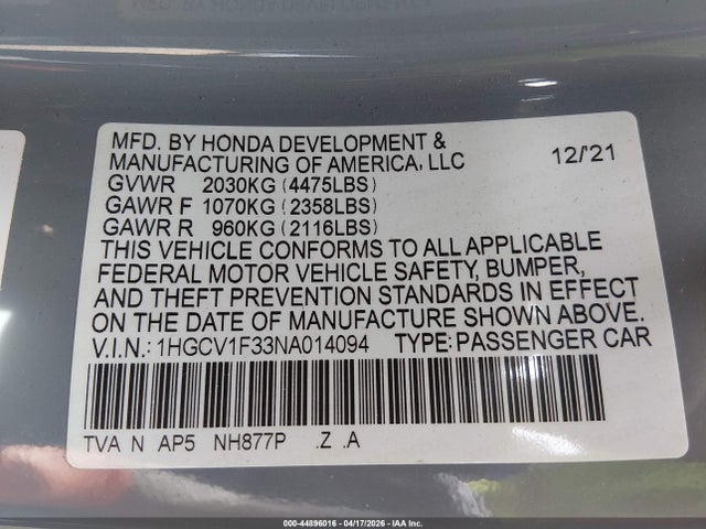 Auction sale of the 2022 Honda Accord Sport, vin: 1HGCV1F33NA014094, lot number: 44896016