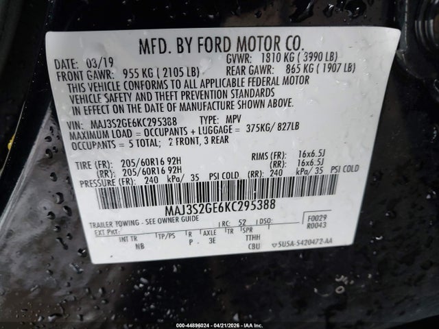 Aukcja sprzedaży 2019 Ford Ecosport Se, vin: MAJ3S2GE6KC295388, numer aukcji: 44896024