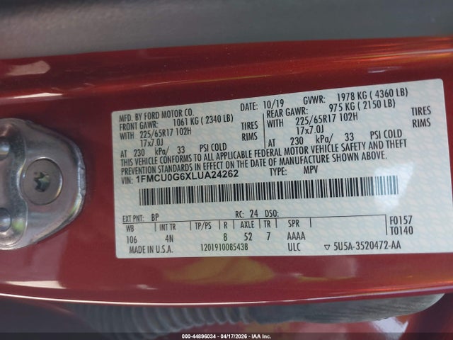 2020 Ford Escape Se მანქანა იყიდება აუქციონზე, vin: 1FMCU0G6XLUA24262, აუქციონის ნომერი: 44896034