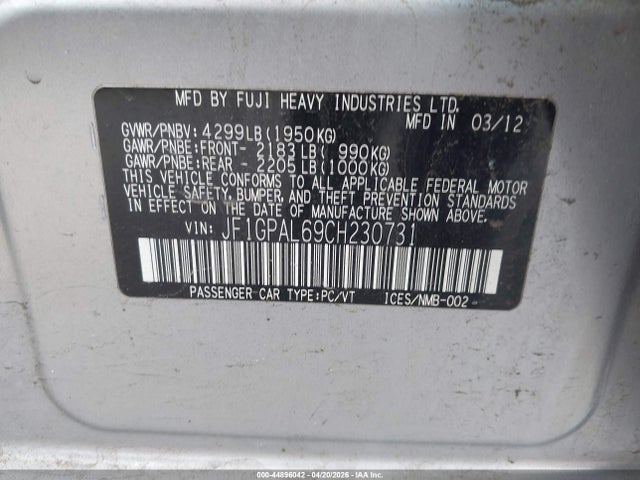 Aukcja sprzedaży 2012 Subaru Impreza 2.0i Sport Premium, vin: JF1GPAL69CH230731, numer aukcji: 44896042