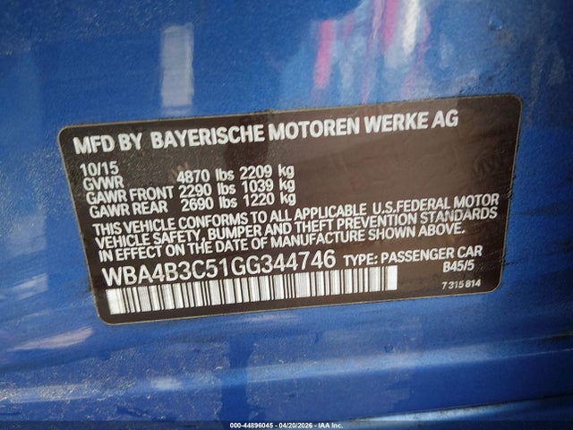 44896045 :رقم المزاد ، WBA4B3C51GG344746 vin ، 2016 Bmw 435i Gran Coupe Xdrive مزاد بيع