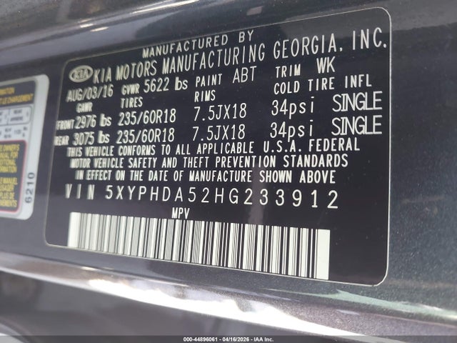 Aukcja sprzedaży 2017 Kia Sorento 3.3l Ex, vin: 5XYPHDA52HG233912, numer aukcji: 44896061