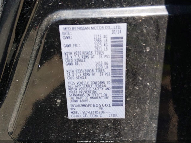 Продаж на аукціоні авто 2015 Nissan Pathfinder Platinum/s/sl/sv, vin: 5N1AR2MN5FC605601, номер лоту: 44896083