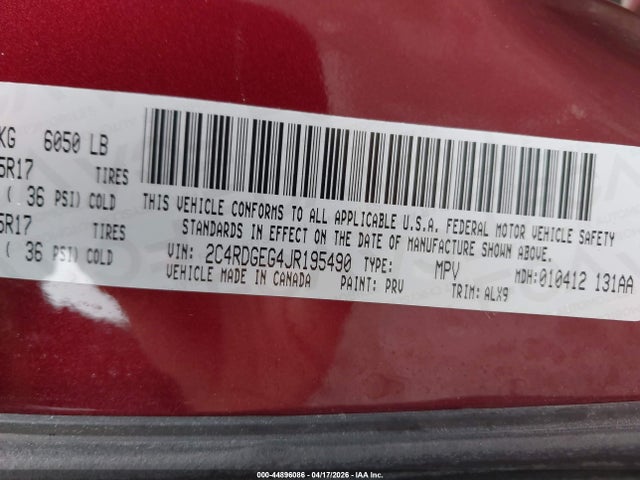 2018 Dodge Grand Caravan Gt მანქანა იყიდება აუქციონზე, vin: 2C4RDGEG4JR195490, აუქციონის ნომერი: 44896086