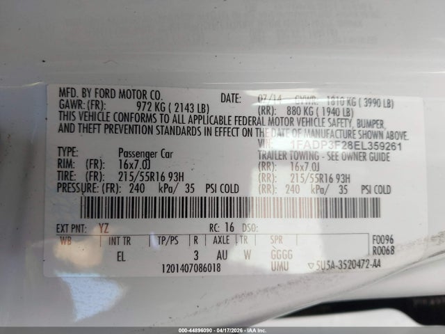 44896090 :رقم المزاد ، 1FADP3F28EL359261 vin ، 2014 Ford Focus Se مزاد بيع
