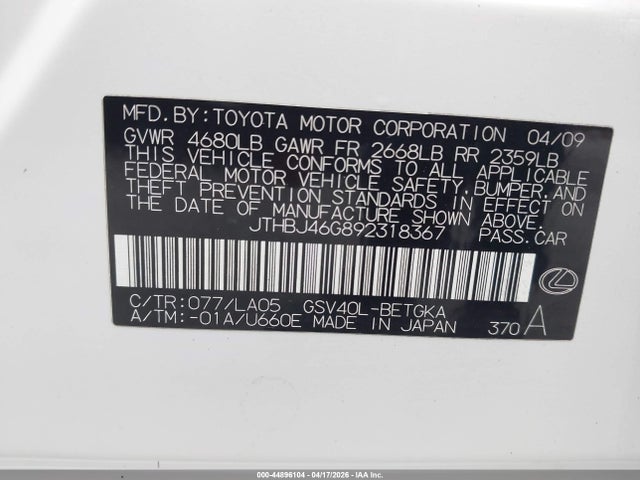 Продаж на аукціоні авто 2009 Lexus Es 350, vin: JTHBJ46G892318367, номер лоту: 44896104
