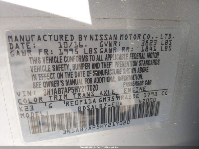 44896120 :رقم المزاد ، 3N1AB7AP5HY217020 vin ، 2017 Nissan Sentra S مزاد بيع