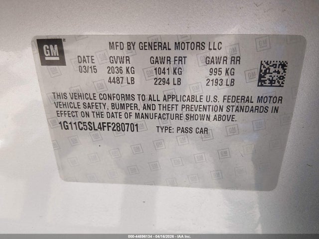 Aukcja sprzedaży 2015 Chevrolet Malibu 1lt, vin: 1G11C5SL4FF280701, numer aukcji: 44896134