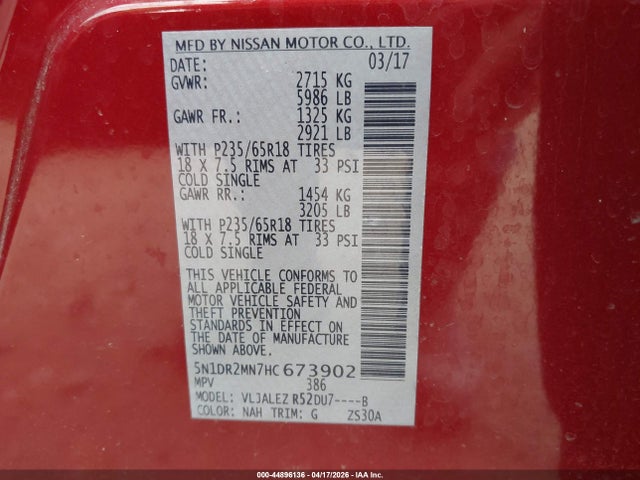 Продажа на аукционе авто 2017 Nissan Pathfinder Sv, vin: 5N1DR2MN7HC673902, номер лота: 44896136