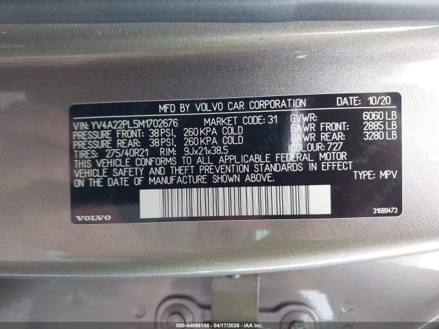 Aukcja sprzedaży 2021 Volvo Xc90 T6 Inscription 7 Passenger, vin: YV4A22PL5M1702676, numer aukcji: 44896148