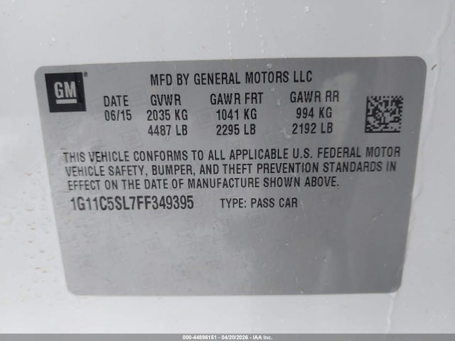 44896151 :رقم المزاد ، 1G11C5SL7FF349395 vin ، 2015 Chevrolet Malibu 1lt مزاد بيع