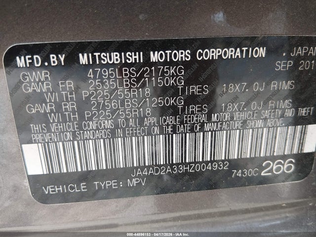 Продажа на аукционе авто 2017 Mitsubishi Outlander Es, vin: JA4AD2A33HZ004932, номер лота: 44896153