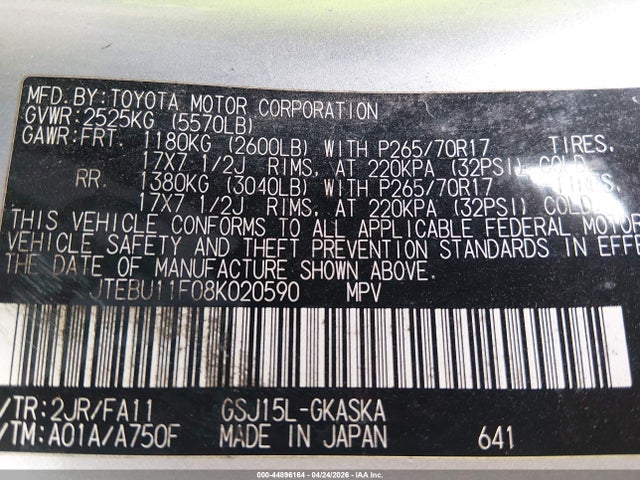 44896164 :رقم المزاد ، JTEBU11F08K020590 vin ، 2008 Toyota Fj Cruiser مزاد بيع