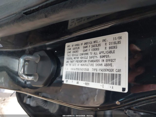Aukcja sprzedaży 2007 Acura Tl Type S, vin: 19UUA75567A010548, numer aukcji: 44896173