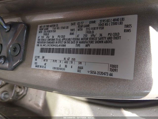Продаж на аукціоні авто 2017 Lincoln Mkc Reserve, vin: 5LMCJ3C93HUL41086, номер лоту: 44896194