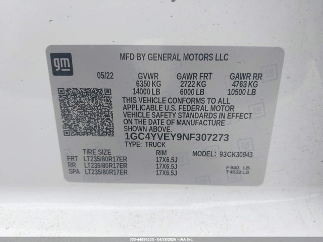 Aukcja sprzedaży 2022 Chevrolet Silverado 3500hd 4wd  Long Bed High Country, vin: 1GC4YVEY9NF307273, numer aukcji: 44896200