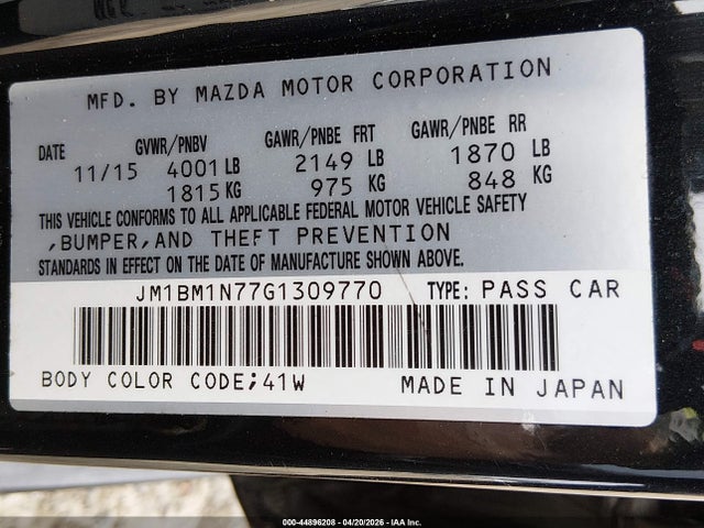44896208 :رقم المزاد ، JM1BM1N77G1309770 vin ، 2016 Mazda Mazda3 I Grand Touring مزاد بيع