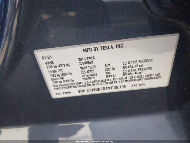 Продаж на аукціоні авто 2021 Tesla Model Y Standard Range Rear-wheel Drive, vin: 5YJYGDED4MF106198, номер лоту: 44896227