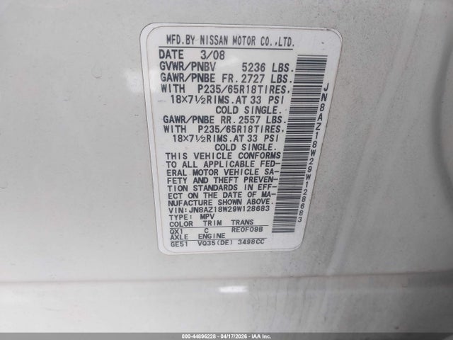 44896228 :رقم المزاد ، JN8AZ18W29W128683 vin ، 2009 Nissan Murano S مزاد بيع