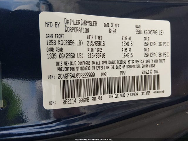 Продажа на аукционе авто 2005 Chrysler Town & Country Touring, vin: 2C4GP54L05R222000, номер лота: 44896236