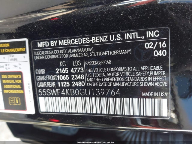 44896240 :رقم المزاد ، 55SWF4KB0GU139764 vin ، 2016 Mercedes-benz C 300 Sport 4matic مزاد بيع