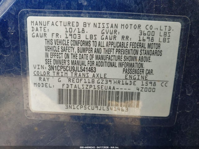 Продаж на аукціоні авто 2018 Nissan Kicks Sv, vin: 3N1CP5CU9JL541463, номер лоту: 44896243