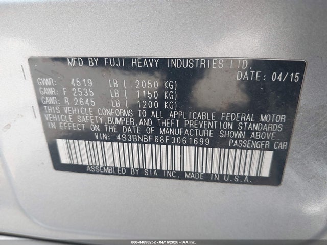 2015 Subaru Legacy 2.5i Premium მანქანა იყიდება აუქციონზე, vin: 4S3BNBF68F3061699, აუქციონის ნომერი: 44896252