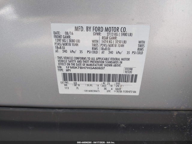 2017 Ford Explorer მანქანა იყიდება აუქციონზე, vin: 1FM5K7BH7HGA60657, აუქციონის ნომერი: 44896260