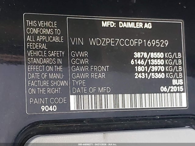 Продаж на аукціоні авто 2015 Mercedes-benz Sprinter 2500 Normal Roof, vin: WDZPE7CC0FP169529, номер лоту: 44896271