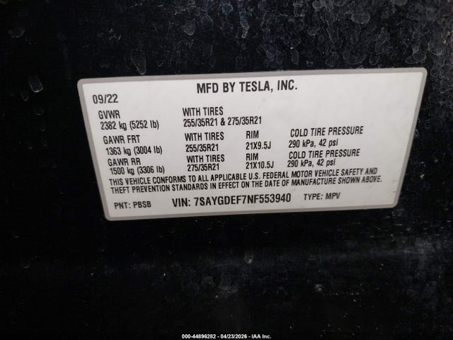 44896282 :رقم المزاد ، 7SAYGDEF7NF553940 vin ، 2022 Tesla Model Y Performance Dual Motor All-wheel Drive مزاد بيع
