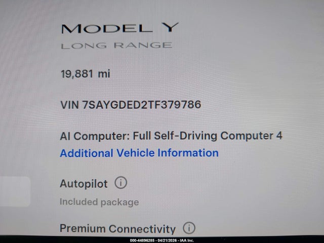 Продаж на аукціоні авто 2026 Tesla Model Y Premium Rear-wheel Drive/standard Rear-wheel Drive, vin: 7SAYGDED2TF379786, номер лоту: 44896285