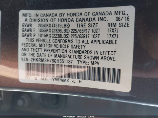 44896288 :رقم المزاد ، 2HKRM3H76GH551187 vin ، 2016 Honda Cr-v Ex-l مزاد بيع