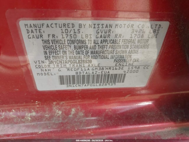 3N1CN7AP0GL828939 Nissan Versa 1.6 S+