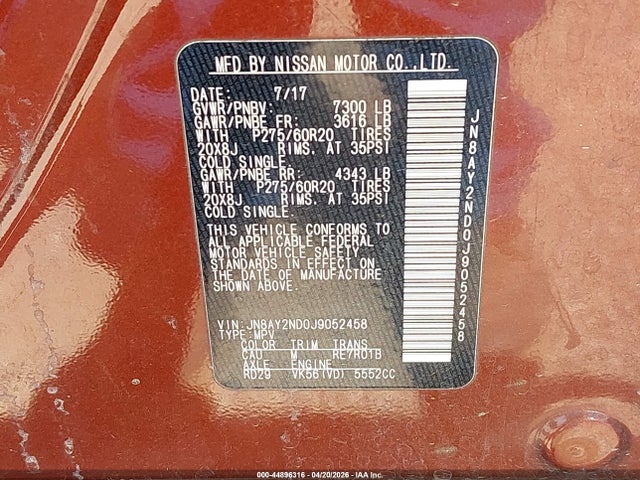 2018 Nissan Armada Sl მანქანა იყიდება აუქციონზე, vin: JN8AY2ND0J9052458, აუქციონის ნომერი: 44896316