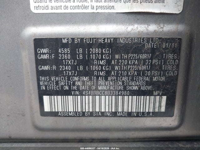 44896327 :رقم المزاد ، 4S4BRBCC8B3384980 vin ، 2011 Subaru Outback 2.5i Premium مزاد بيع