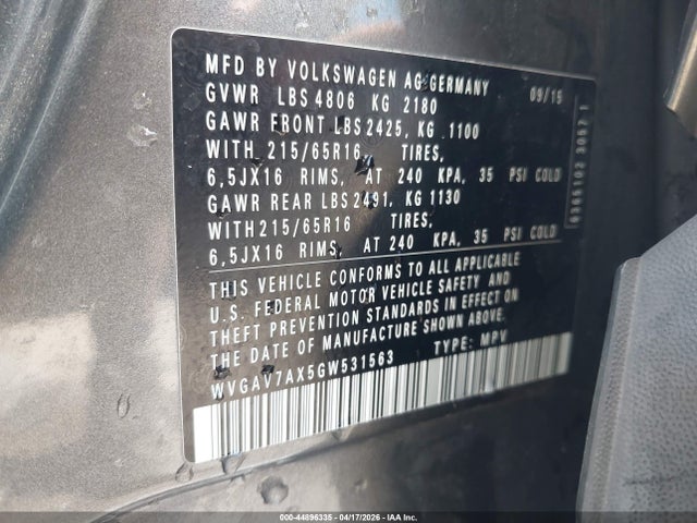 Продаж на аукціоні авто 2016 Volkswagen Tiguan S, vin: WVGAV7AX5GW531563, номер лоту: 44896335