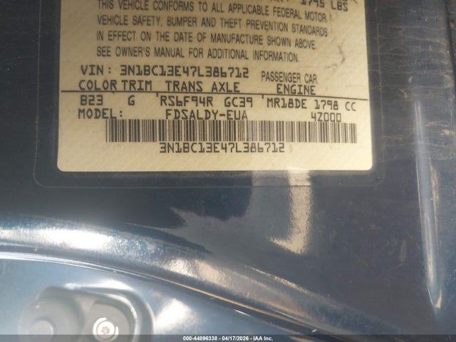 Продаж на аукціоні авто 2007 Nissan Versa 1.8s, vin: 3N1BC13E47L386712, номер лоту: 44896338
