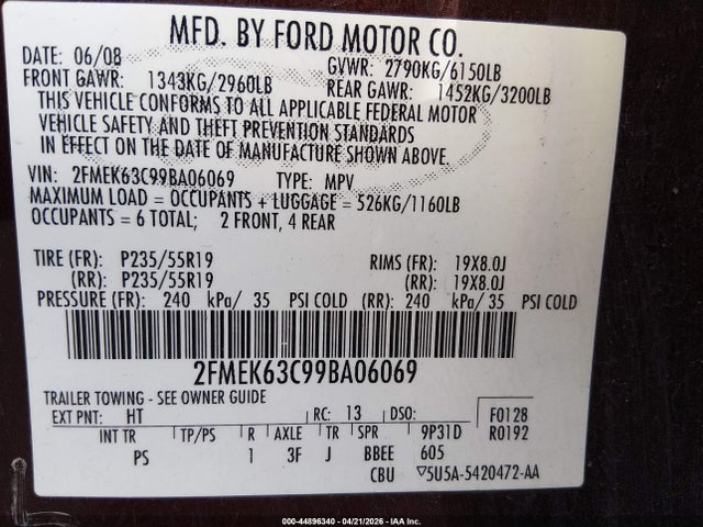 2009 Ford Flex Limited მანქანა იყიდება აუქციონზე, vin: 2FMEK63C99BA06069, აუქციონის ნომერი: 44896340