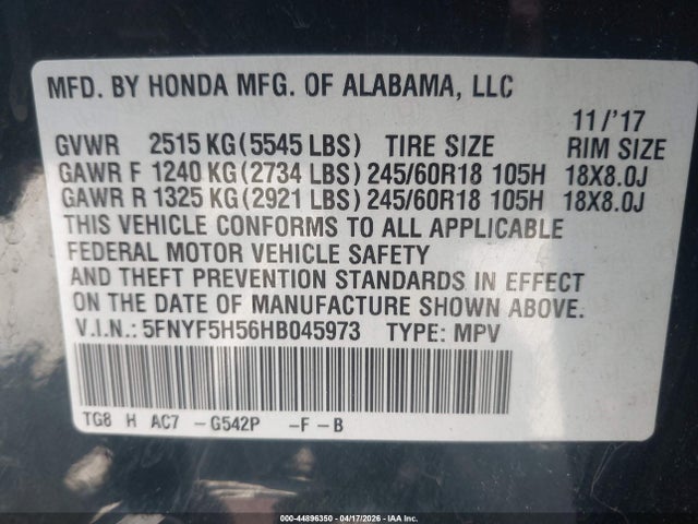5FNYF5H56HB045973 Honda Pilot Ex-l