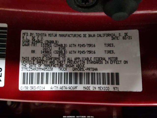 2021 Toyota Tacoma Sr5 V6 მანქანა იყიდება აუქციონზე, vin: 3TMCZ5AN3MM405220, აუქციონის ნომერი: 44896355