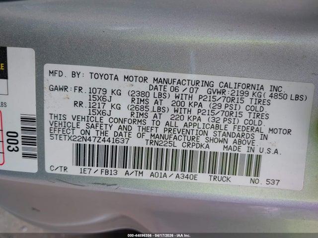 Продажа на аукционе авто 2007 Toyota Tacoma, vin: 5TETX22N47Z441637, номер лота: 44896356