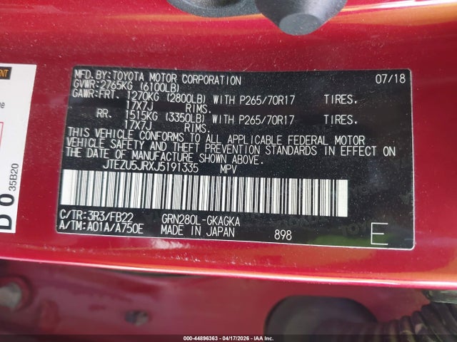 44896363 :رقم المزاد ، JTEZU5JRXJ5191335 vin ، 2018 Toyota 4runner Sr5 مزاد بيع