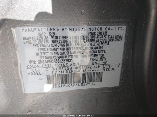 Aukcja sprzedaży 2025 Nissan Kicks Sv Fwd, vin: 3N8AP6CA8SL357931, numer aukcji: 44896365