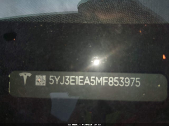 Aukcja sprzedaży 2021 Tesla Model 3 Standard Range Plus Rear-wheel Drive, vin: 5YJ3E1EA5MF853975, numer aukcji: 44896374