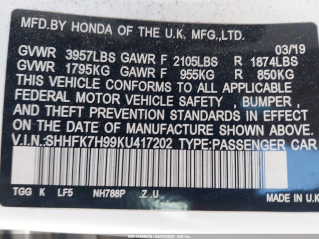 SHHFK7H99KU417202 Honda Civic Sport Touring